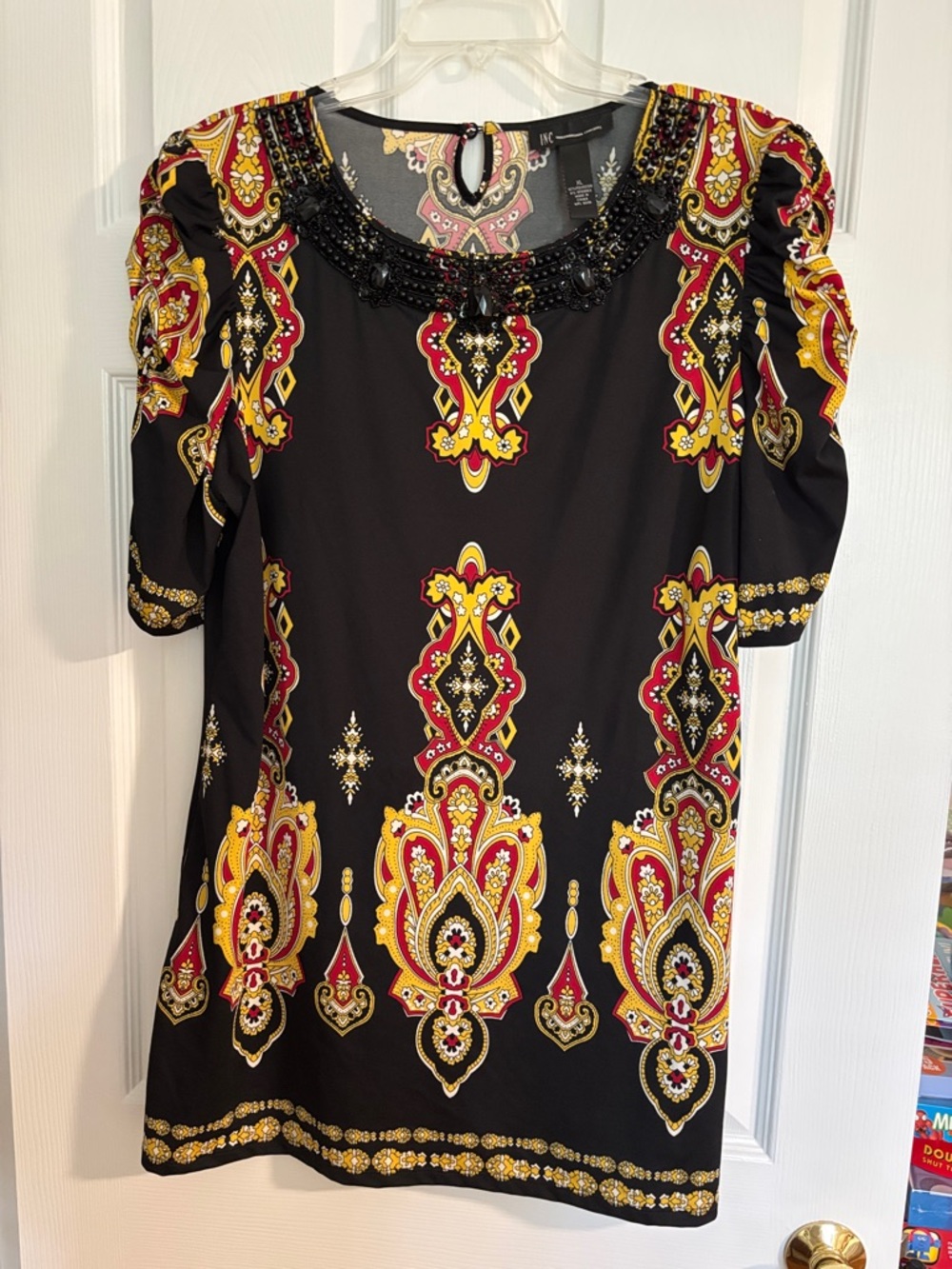 INC International Concepts Black top with Red and Yellow Paisley Motif